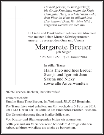 Anzeige von Margarete Breuer von  Sonntags-Post 