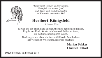 Anzeige von Heribert Königsfeld von  Wochenende 