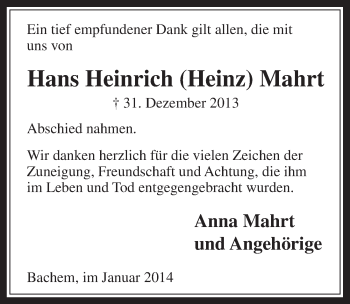 Anzeige von Hans Heinrich Mahrt von  Wochenende 