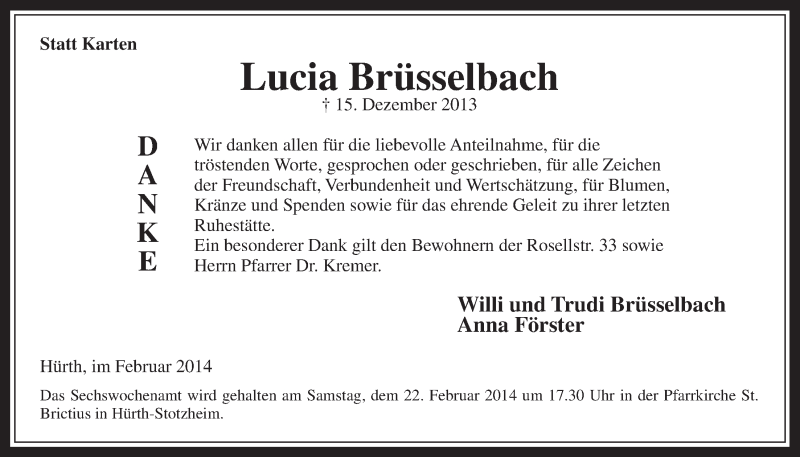  Traueranzeige für Lucia Brüsselbach vom 19.02.2014 aus  Wochenende 
