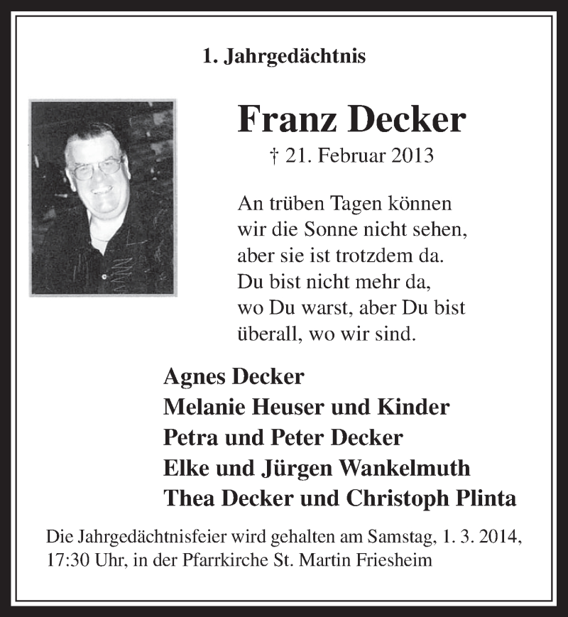  Traueranzeige für Franz Decker vom 26.02.2014 aus  Werbepost 