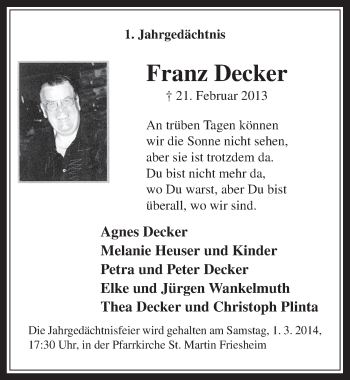 Anzeige von Franz Decker von  Werbepost 