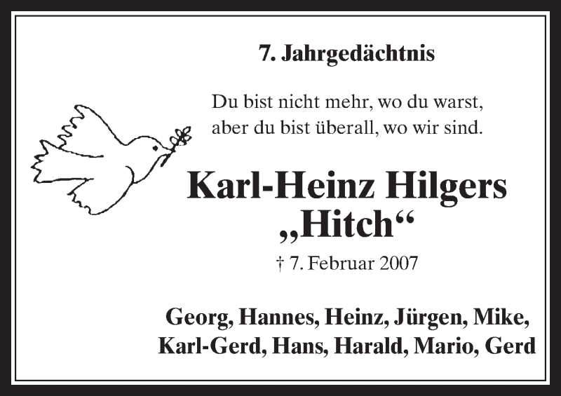  Traueranzeige für Karl-Heinz Hilgers vom 05.02.2014 aus  Werbepost 