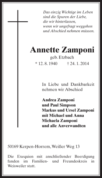 Anzeige von Annette Zamponi von  Werbepost 