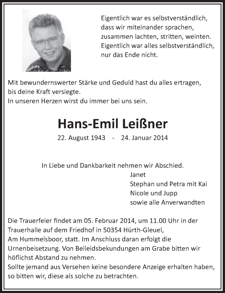  Traueranzeige für Hans-Emil Leißner vom 01.02.2014 aus  Sonntags-Post 