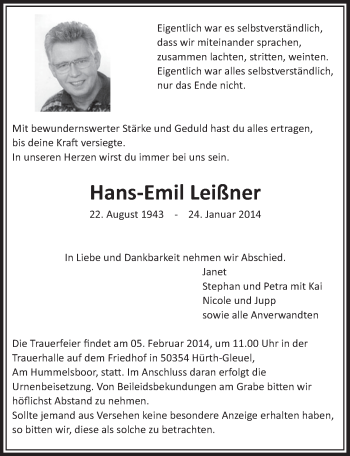 Anzeige von Hans-Emil Leißner von  Sonntags-Post 