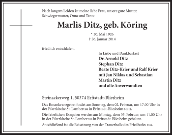 Anzeige von Marlis Ditz von  Sonntags-Post 