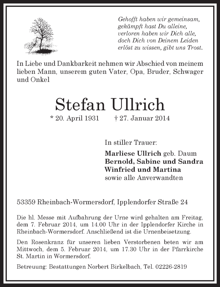  Traueranzeige für Stefan Ullrich vom 05.02.2014 aus  Schaufenster/Blickpunkt 