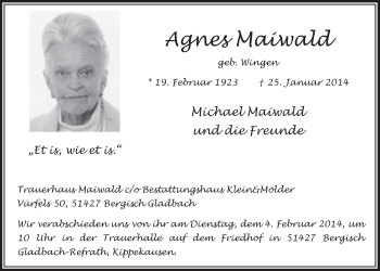 Anzeige von Agnes Maiwald von  Bergisches Sonntagsblatt 