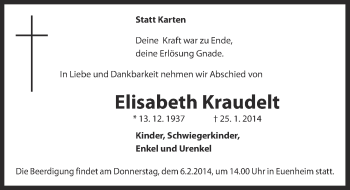 Anzeige von Elisabeth Kraudelt von  Blickpunkt Euskirchen 