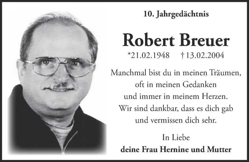  Traueranzeige für Robert Breuer vom 12.02.2014 aus  Kölner Wochenspiegel 