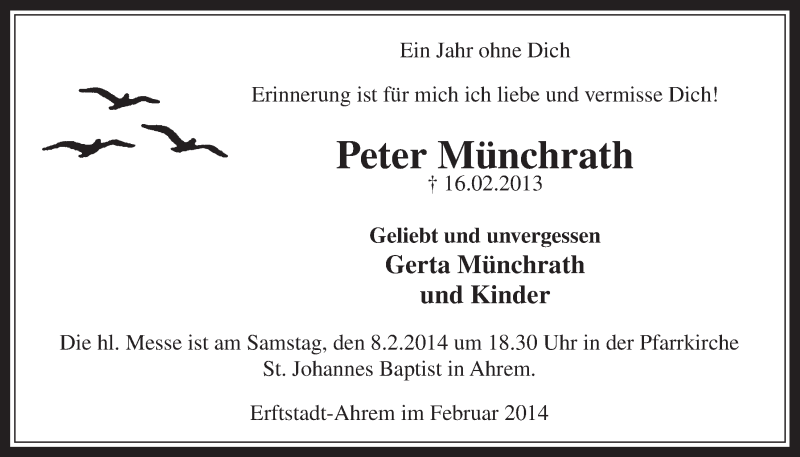  Traueranzeige für Peter Münchrath vom 05.02.2014 aus  Werbepost 