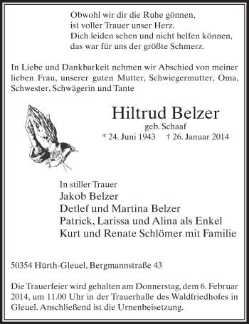 Anzeige von Hiltrud Belzer von  Sonntags-Post 