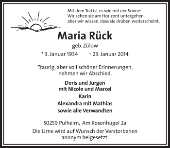 Anzeige von Maria Rück von  Sonntags-Post 