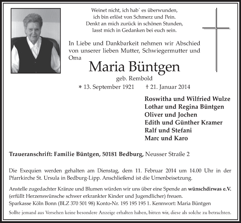  Traueranzeige für Maria Büntgen vom 05.02.2014 aus  Werbepost 