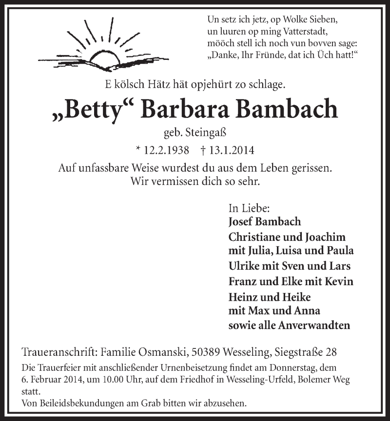  Traueranzeige für Barbara Bambach vom 05.02.2014 aus  Schlossbote/Werbekurier 