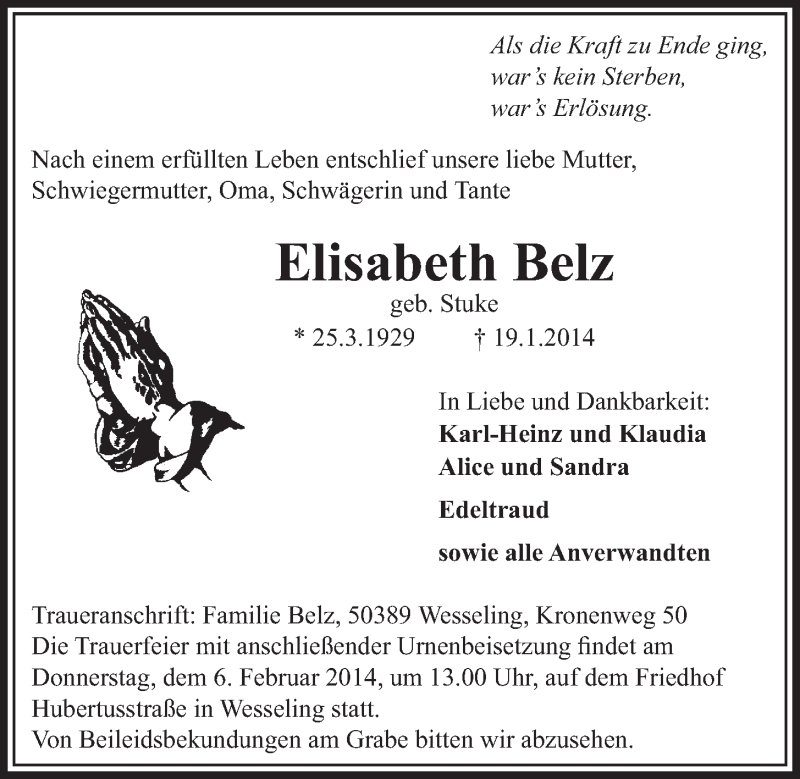  Traueranzeige für Elisabeth Belz vom 05.02.2014 aus  Schlossbote/Werbekurier 