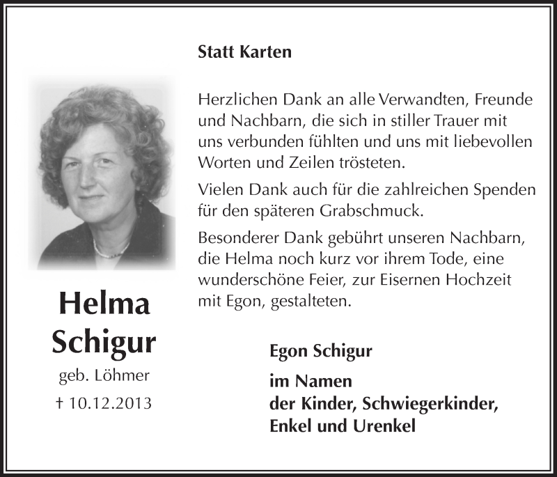  Traueranzeige für Helma Schigur vom 05.02.2014 aus  Bergisches Handelsblatt 