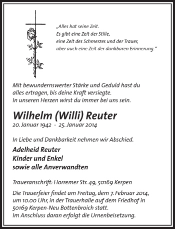 Anzeige von Wilhelm  Reuter von  Sonntags-Post 