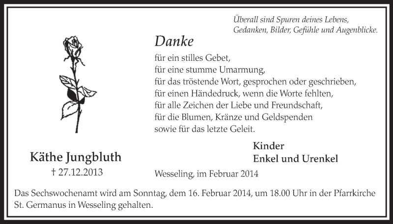  Traueranzeige für Käthe Jungbluth vom 05.02.2014 aus  Schlossbote/Werbekurier 