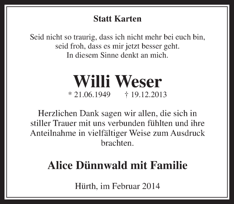  Traueranzeige für Willi Weser vom 05.02.2014 aus  Wochenende 