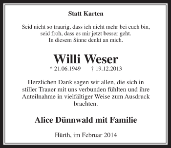 Anzeige von Willi Weser von  Wochenende 