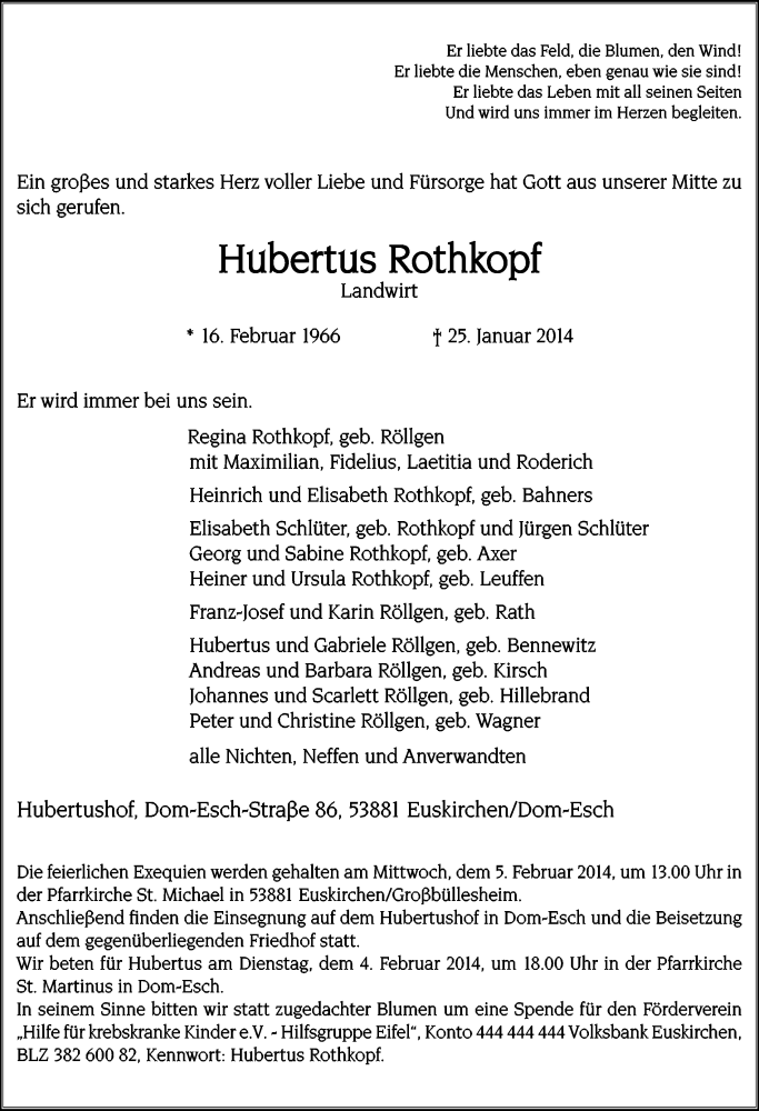  Traueranzeige für Hubertus Rothkopf vom 02.02.2014 aus  Blickpunkt Euskirchen 