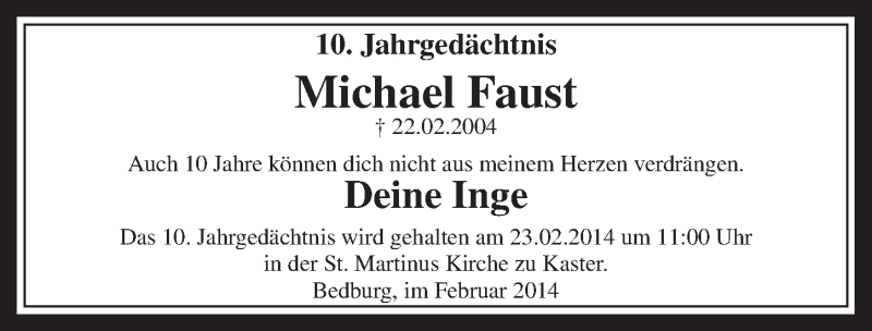  Traueranzeige für Michael Faust vom 12.02.2014 aus  Werbepost 