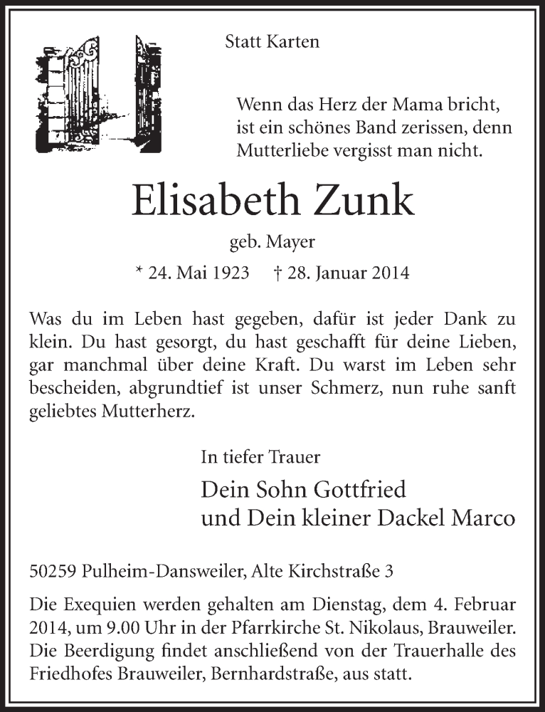  Traueranzeige für Elisabeth Zunk vom 01.02.2014 aus  Sonntags-Post 
