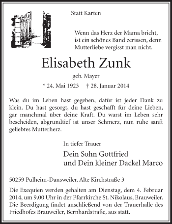 Anzeige von Elisabeth Zunk von  Sonntags-Post 
