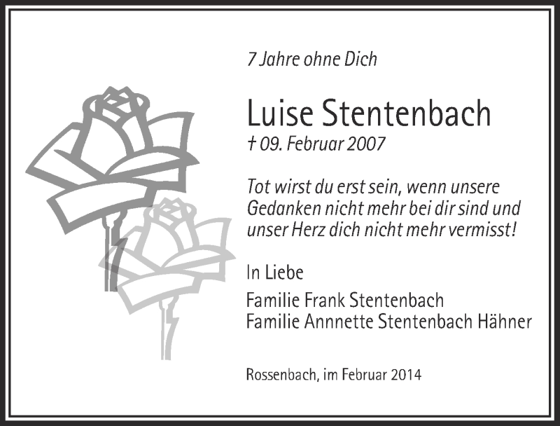  Traueranzeige für Luise Stentenbach vom 05.02.2014 aus  Lokalanzeiger 