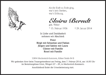 Anzeige von Elvira Berndt von  Blickpunkt Euskirchen 