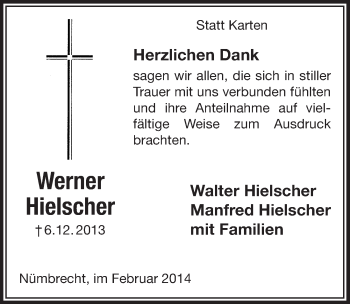 Anzeige von Werner Hielscher von  Lokalanzeiger 