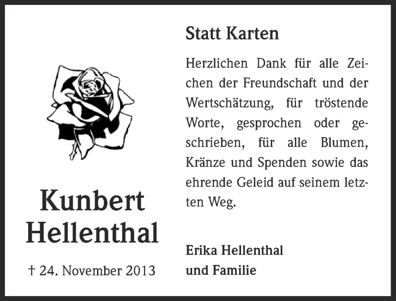  Traueranzeige für Kunbert Hellenthal vom 02.02.2014 aus  Blickpunkt Euskirchen 