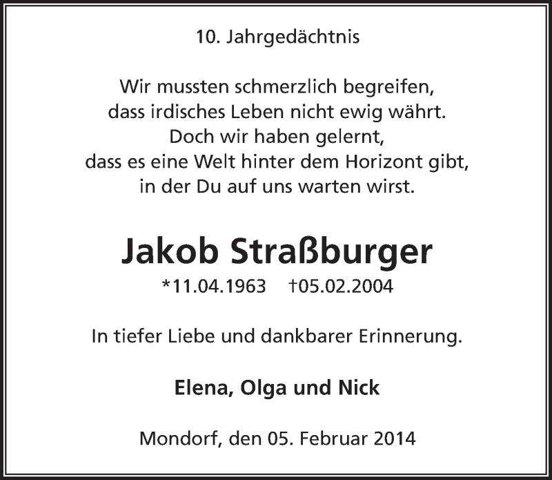  Traueranzeige für Jakob Straßburger vom 05.02.2014 aus  Extra Blatt 