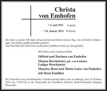 Anzeige von Christa von Emhofen von  Werbepost 