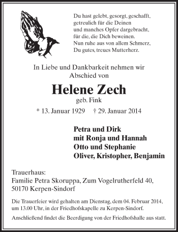 Anzeige von Helene Zech von  Sonntags-Post 