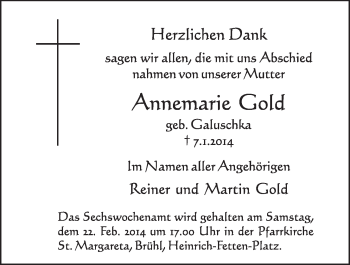 Anzeige von Annemarie Gold von  Schlossbote/Werbekurier 