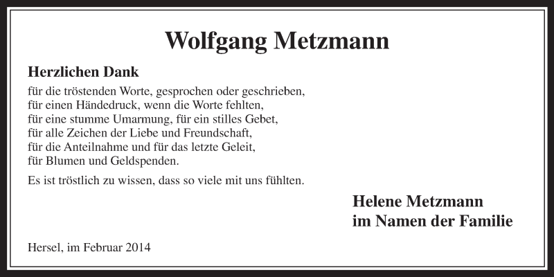  Traueranzeige für Wolfgang Metzmann vom 05.02.2014 aus  Schaufenster/Blickpunkt 