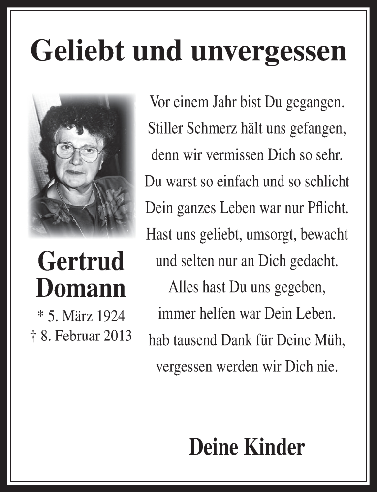  Traueranzeige für Gertrud Domann vom 05.02.2014 aus  Werbepost 