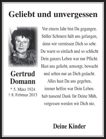 Anzeige von Gertrud Domann von  Werbepost 