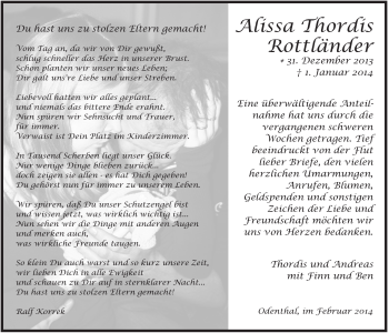 Anzeige von Alissa Thordis Rottländer von  Bergisches Handelsblatt 