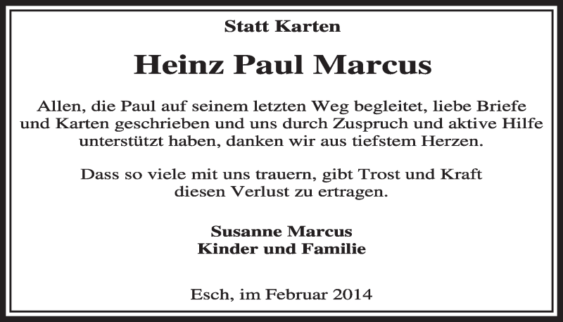  Traueranzeige für Heinz Paul Marcus vom 01.02.2014 aus  Sonntags-Post 