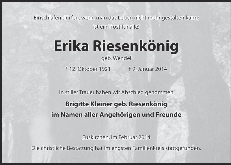  Traueranzeige für Erika Riesenkönig vom 02.02.2014 aus  Blickpunkt Euskirchen 