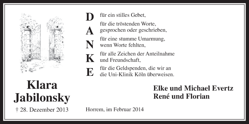  Traueranzeige für Klara Jabilonsky vom 05.02.2014 aus  Werbepost 