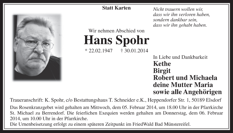  Traueranzeige für Hans Spohr vom 05.02.2014 aus  Werbepost 