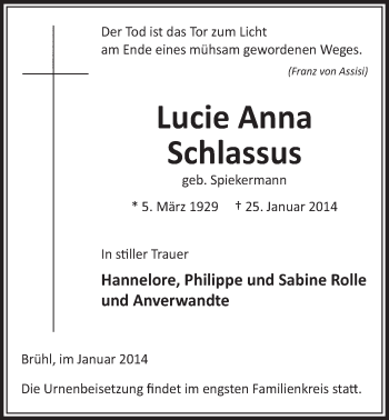 Anzeige von Lucie Anna Schlassus von  Schlossbote/Werbekurier 
