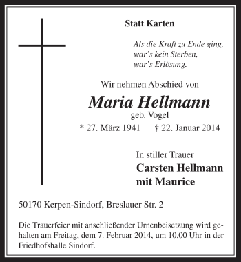 Anzeige von Maria Hellmann von  Werbepost 