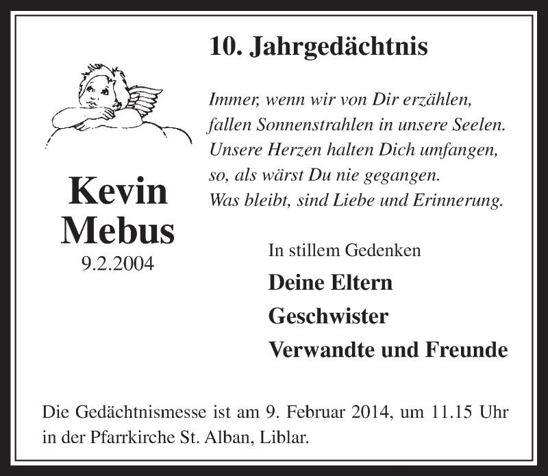  Traueranzeige für Kevin Mebus vom 05.02.2014 aus  Werbepost 