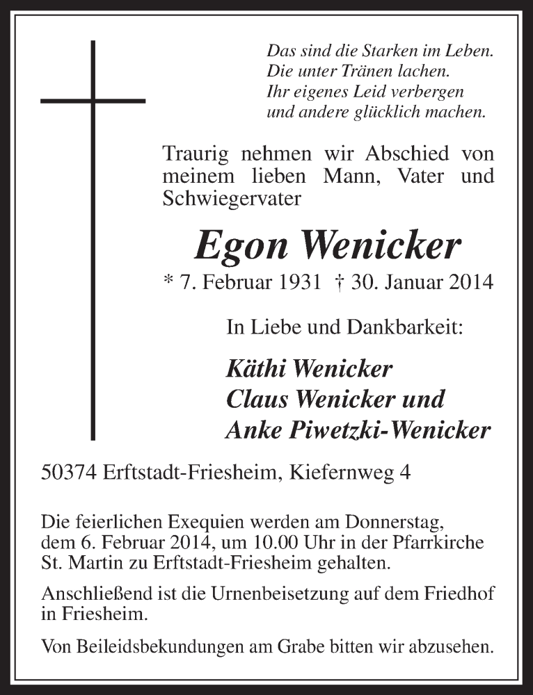  Traueranzeige für Egon Wenicker vom 05.02.2014 aus  Werbepost 